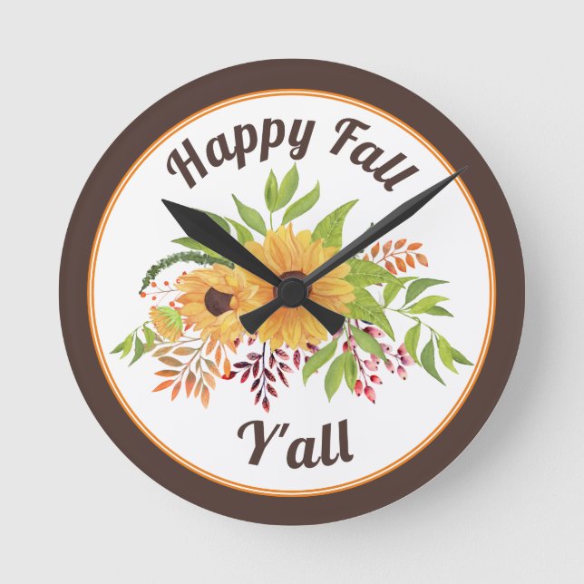 Vattenfärgade solrosor och bär Lycklig faller Y'al Rund Klocka (Framsida)