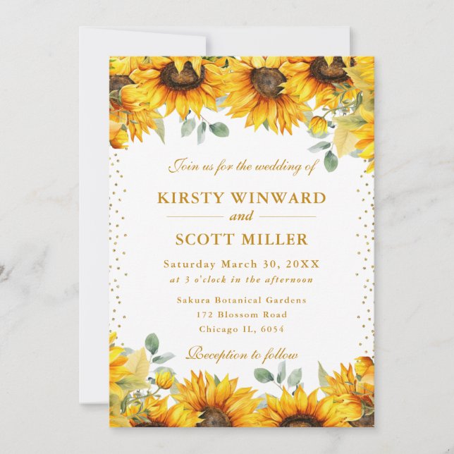 Vattenfärgade solrosor och Guld Glitter Bröllop Inbjudningar (Framsida)