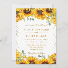 Vattenfärgade solrosor och Guld Glitter Bröllop Inbjudningar