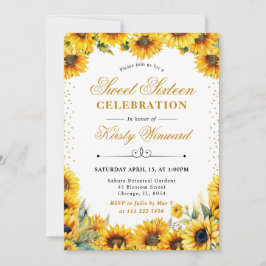 Vattenfärgade solrosor och Guld Glitter Sweet 16 Inbjudningar