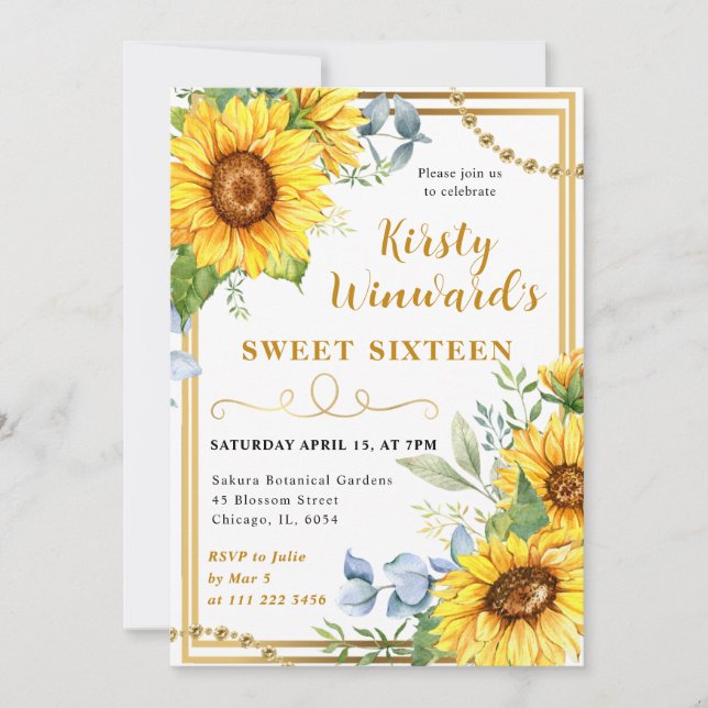 Vattenfärgade solrosor och Guld Ram Sweet 16 Inbjudningar (Framsida)