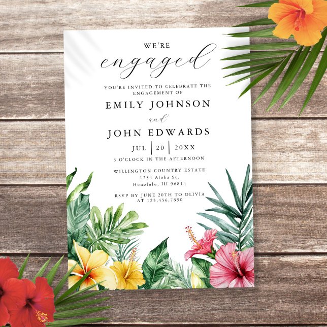 Vattenfärgade Tropiska Blommor Förlovningsfest Inbjudningar (Watercolor Tropical Flowers Engagement Party Invitation)