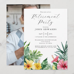 Vattenfärgade tropiska blommor pensioneringsfest f inbjudningar