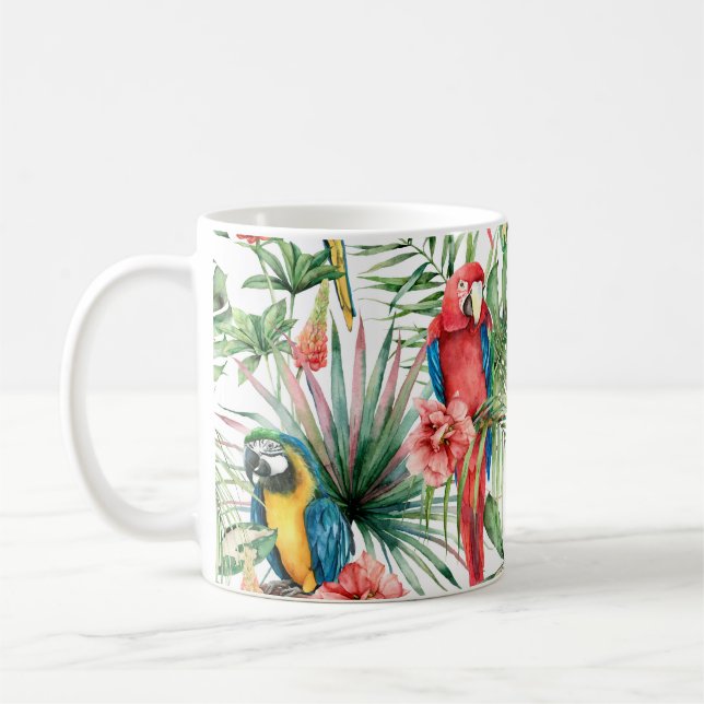 Vattenfärgade tropiska sömlösa mönster med fallskä kaffemugg (Vänster)
