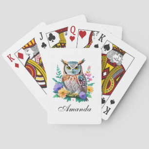 Vattenfärgade Uggla och färgade blommor Casinokort