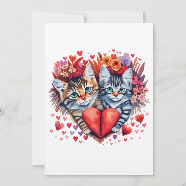 Vattenfärgade Valentineser katter med hjärtsockerk Julkort (Framsida)