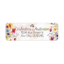 Vattenfärgade vilda blommor och fjärilar returadress etikett