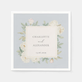 Vattenfärgade vita blommor, ljusblå bröllop pappersservett