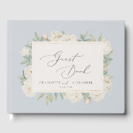 Vattenfärgade vita blommor, ljusblå Guestbook Gästböcker