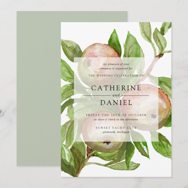 Vattenfärgäpple gren bröllop inbjudningar (Fram/baksida)
