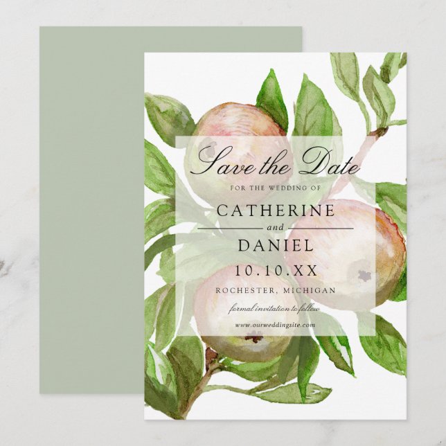 Vattenfärgäpple gren spara datumkortet inbjudningar (Fram/baksida)