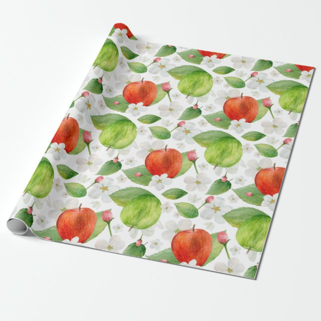Vattenfärgäpplen. Grönt och röda frukter. Garden Presentpapper (Utrullad)
