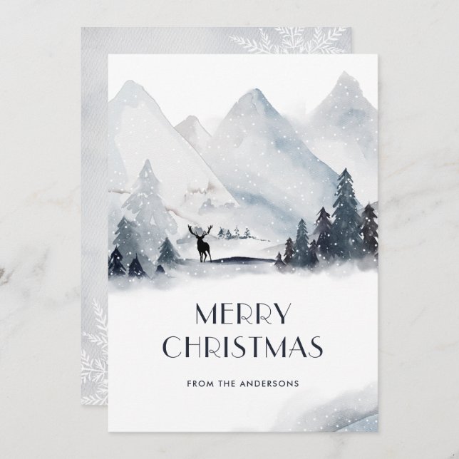 Vattenfärgat bergsberg Hjort Snowflake-julkort Julkort (Fram/baksida)