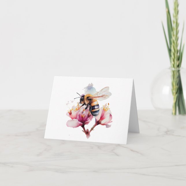 Vattenfärgat bi med Rosa Flowers BLANK Kort (Framsida)