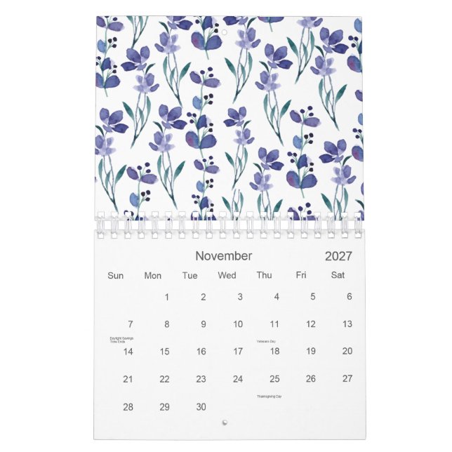 Vattenfärgat blått Blommönster 2026 Kalender (Nov 2027)