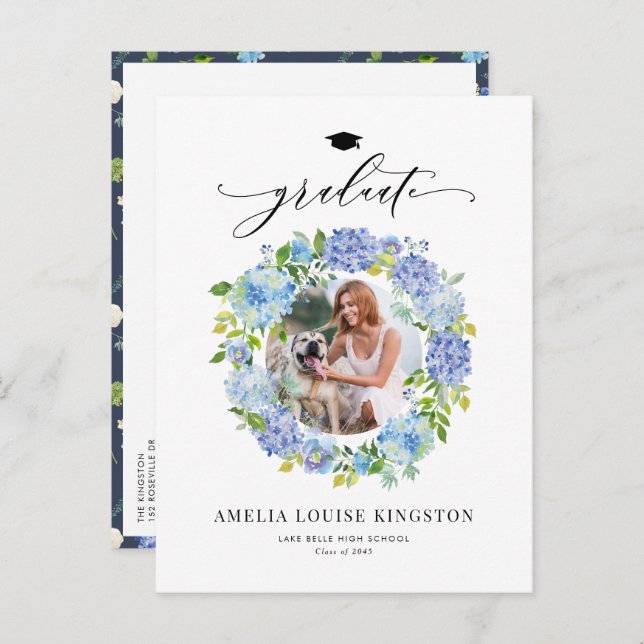 Vattenfärgat blått Hydrangea Utandning Foder till  Meddelande Vykort (Fram/baksida)