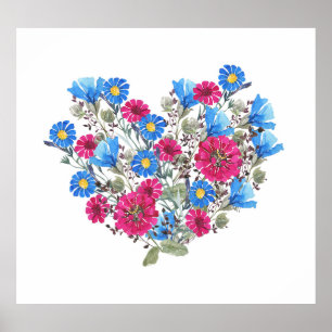 Vattenfärgat blommigt hjärta, ljusa vilda blommor poster
