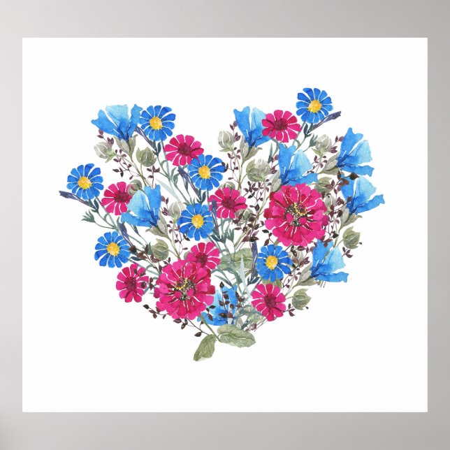 Vattenfärgat blommigt hjärta, ljusa vilda blommor  poster (Framsidan)
