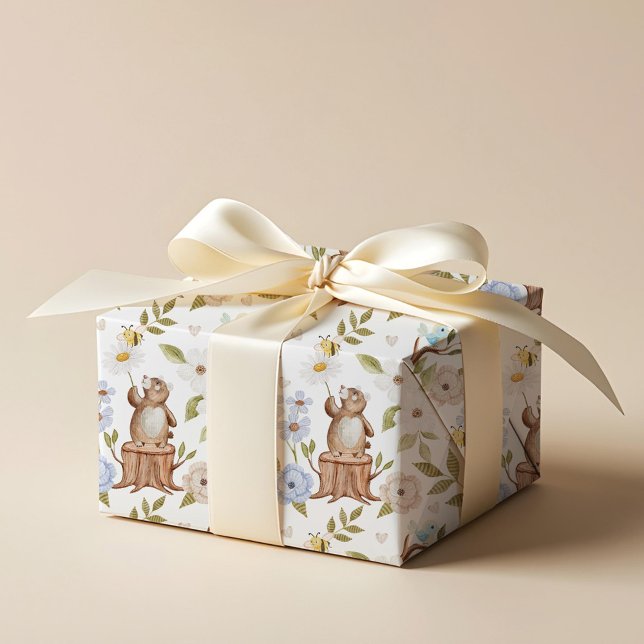 Vattenfärgat Blommigt Skogsskog med nitat björn Presentpapper (Watercolor Floral Woodland Forest Knitted Bear Wrapping Paper)