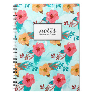 Vattenfärgat Blommönster Aqua Blue och Rosa Anteckningsbok Med Spiral
