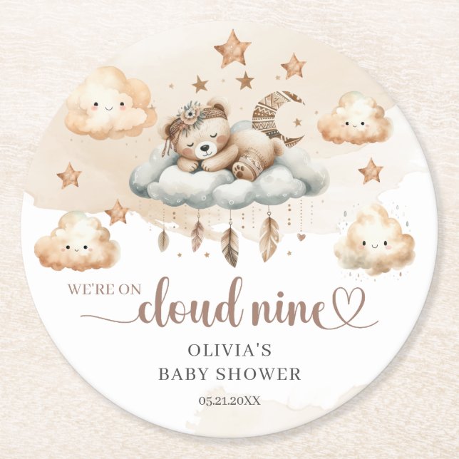 Vattenfärgat brunt elfenbensbrunt nalle 9 underlägg papper rund (Framsidan)