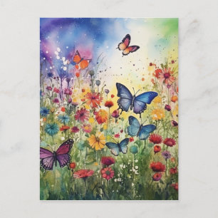 Vattenfärgat Butterflies och Flowers Helg Vykort