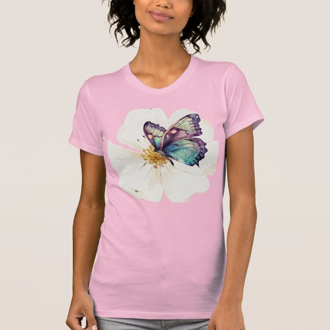 Vattenfärgat Butterflies och Flowers T Shirt (Framsida)