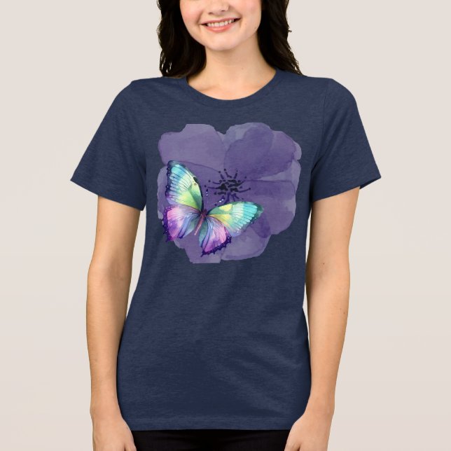 Vattenfärgat Butterflies och Flowers T Shirt (Framsida)