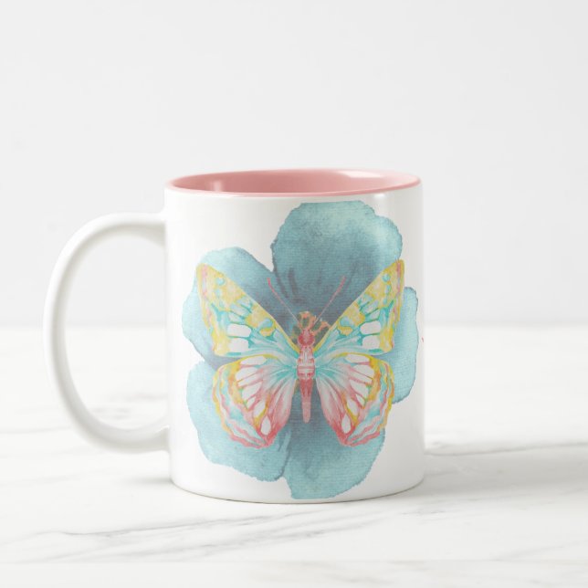 Vattenfärgat Butterflies och Flowers Två-Tonad Mugg (Vänster)