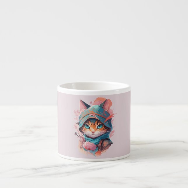Vattenfärgat Cute Hooded Ninja Cat Espressomugg (Framsidan)