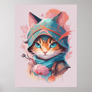 Vattenfärgat Cute Hooded Ninja Cat Poster