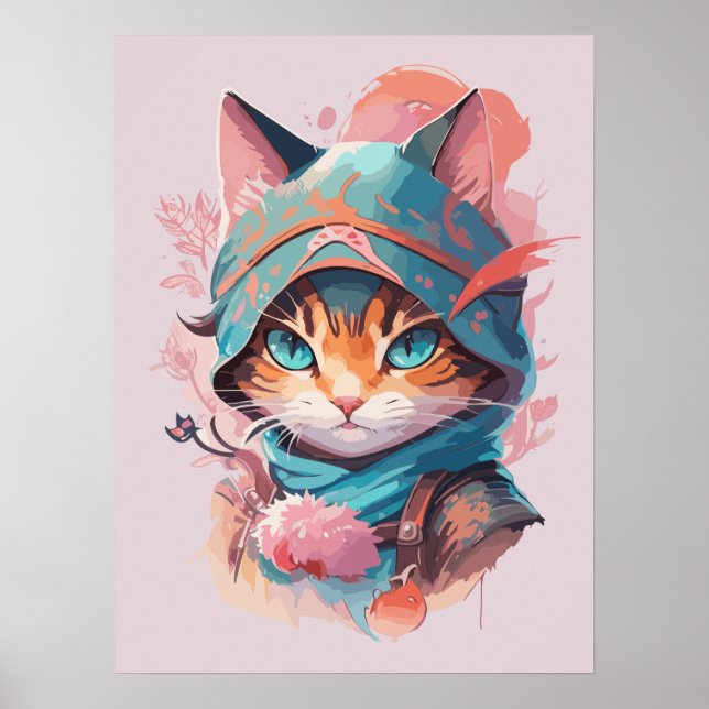 Vattenfärgat Cute Hooded Ninja Cat Poster (Framsidan)