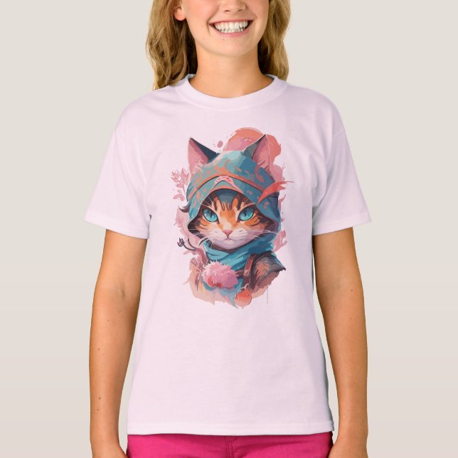 Vattenfärgat Cute Hooded Ninja Cat T Shirt (Framsida)
