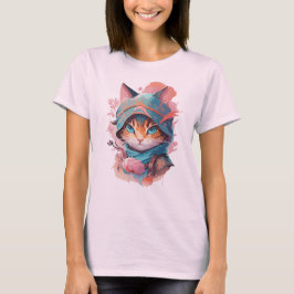 Vattenfärgat Cute Hooded Ninja Cat T Shirt