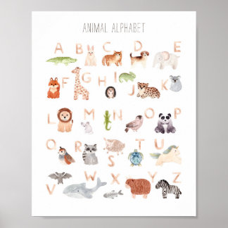 Vattenfärgat djur med bakomliggande barn, alfabet. poster