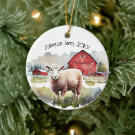 Vattenfärgat får med röda streck julgransprydnad keramik
