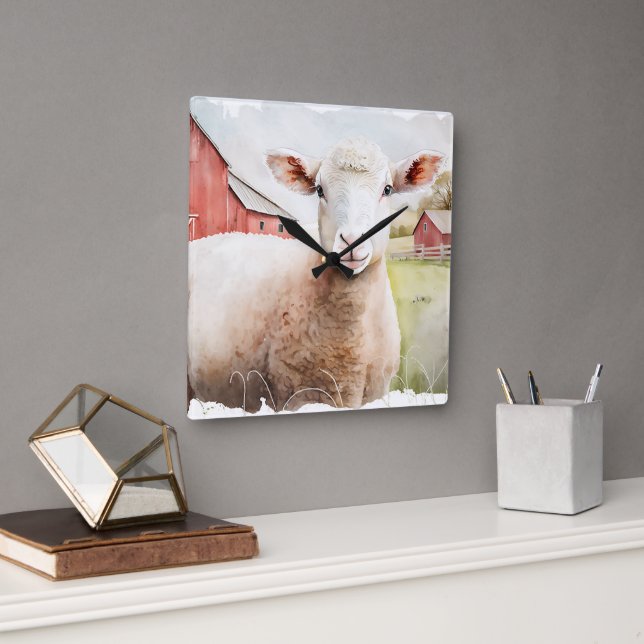 Vattenfärgat får med rött streck fyrkantig klocka (Kontor)