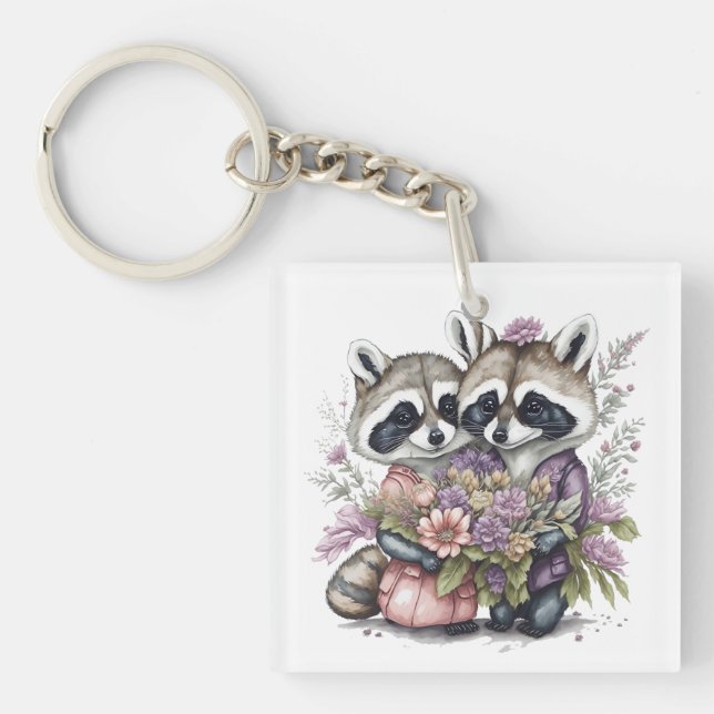 Vattenfärgat fint rackoon par med blommor (Framsidan)