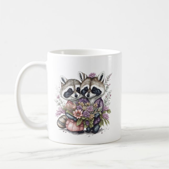 Vattenfärgat fint rackoon par med blommor kaffemugg (Vänster)