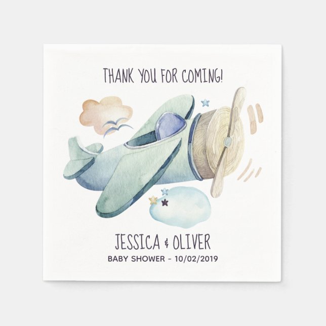 Vattenfärgat flygplan Party i blått Pappersservett (Framsidan)