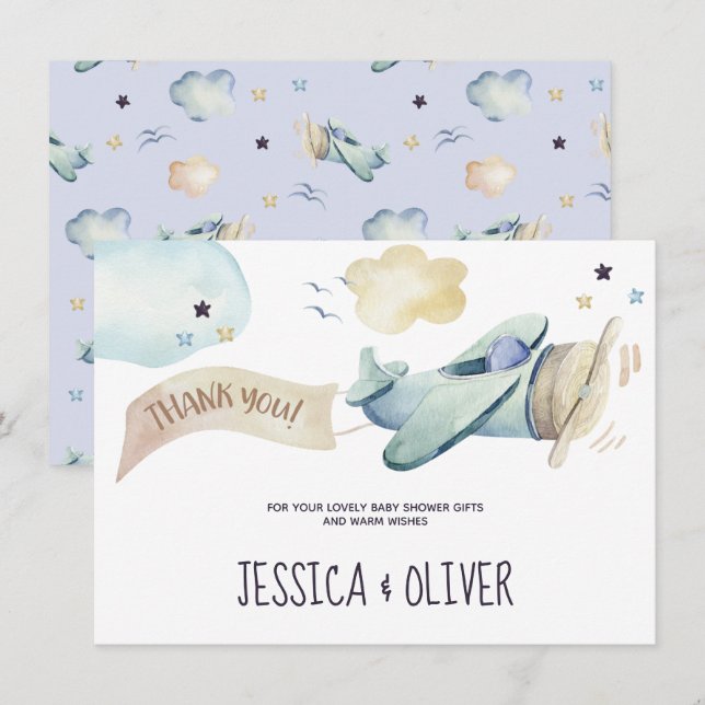 Vattenfärgat flygplan Party i blått tackkort Inbjudningar (Fram/baksida)