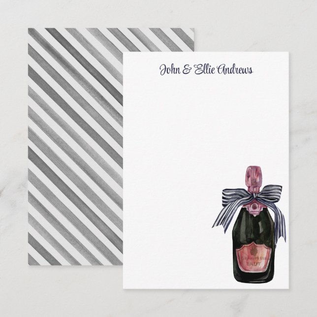 Vattenfärgat Fransk Champagne med Stripe Bow Tack Kort (Fram/baksida)