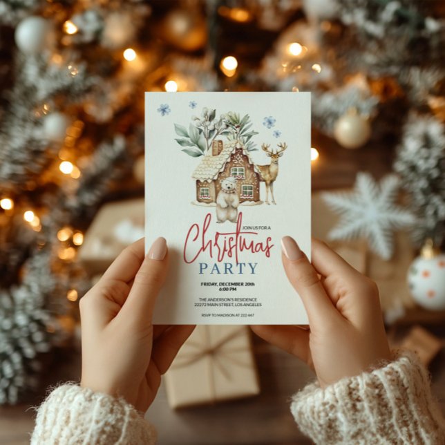 Vattenfärgat Gingerbröd House med Polar Bear och R Inbjudningar (Skapare uppladdad)