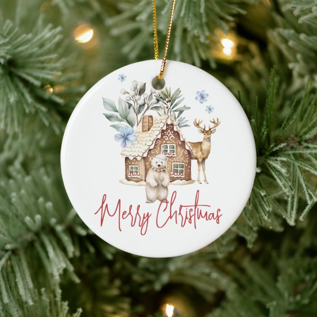 Vattenfärgat Gingerbröd House, Polar Bear & Reinde Julgransprydnad Keramik (Träd)