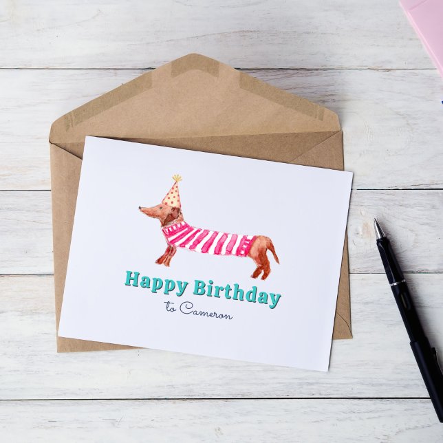 Vattenfärgat Hand-ritat Dachshund-Hund-födelsedags Kort (This cute unique dachshund birthday card features my own original wiener dog hand-drawn artwork. )