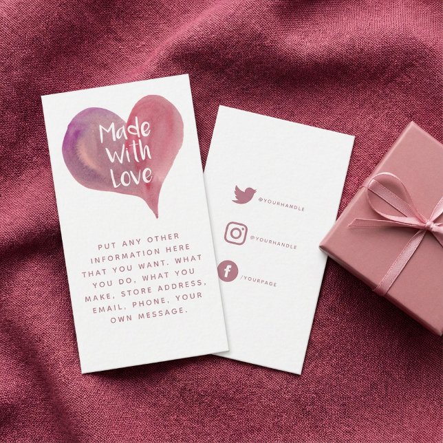 Vattenfärgat hjärta, gjort med kärlek social-länka tilläggskort (Watercolor heart, made with love social links enclosure card.)