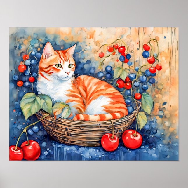 Vattenfärgat Kat i Basket med körsbär Poster (Framsidan)