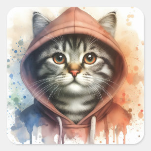 Vattenfärgat katt i Colorful Hoodie Stänk Art Fyrkantigt Klistermärke