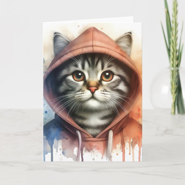 Vattenfärgat katt i färgat hoodie Stänk Art Blank Kort (Framsida)