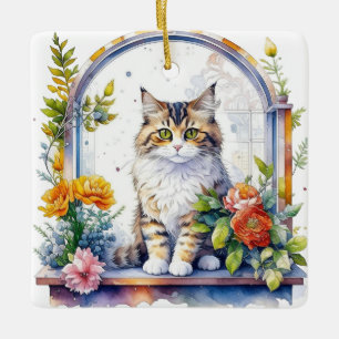 Vattenfärgat katt i Personligen Blommigt Fönster Julgransprydnad Keramik